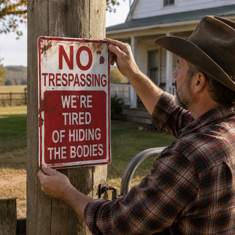 Funny No Trespassing Rustic Metal Sign – Dark Humor Warning Decor for Fence, Garage & Man Cave